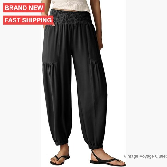 High Waisted Smocked Wide Leg Pants Casual Cotton Elastic Waist with Pockets
